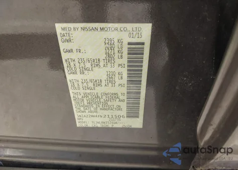 2015 Nissan Murano Sl from USA, damaged, VIN 5N1AZ2MH4FN211506